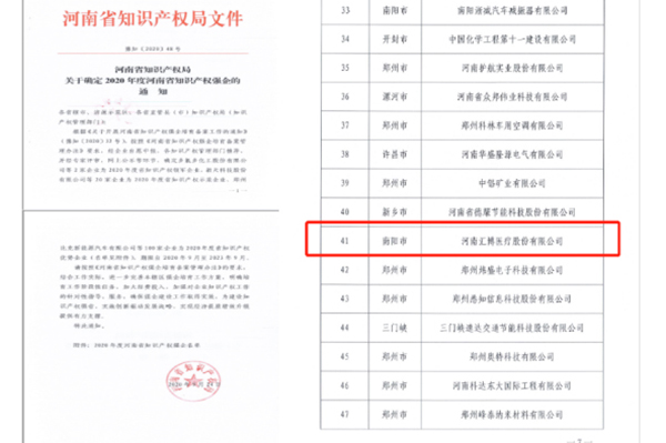 2020.10.08榮獲“2020年河南省知識產(chǎn)權(quán)優(yōu)勢企業(yè)”