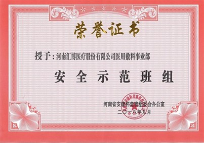 河南匯博醫(yī)療醫(yī)用敷料事業(yè)部榮獲河南省“安全示范班組”榮譽(yù)稱號(hào)